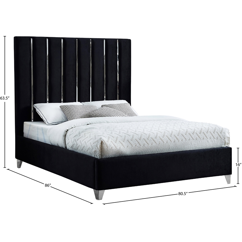 Pemberly Row Contemporary Solid Wood and Velvet King Bed in Black