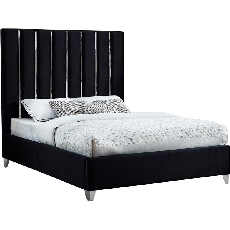 Pemberly Row Modern Solid Wood and Velvet Queen Bed in Black