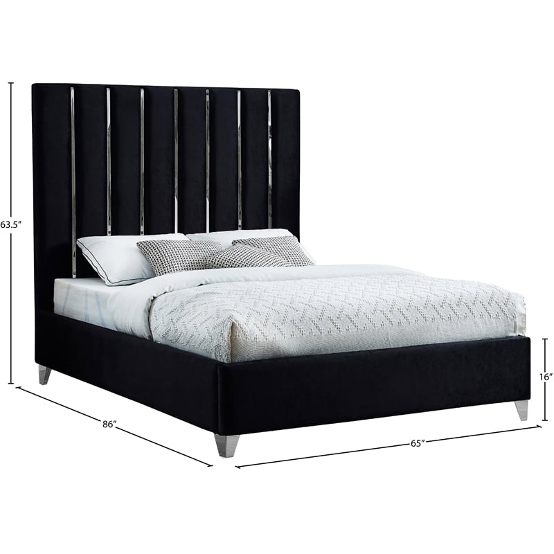 Pemberly Row Modern Solid Wood and Velvet Queen Bed in Black