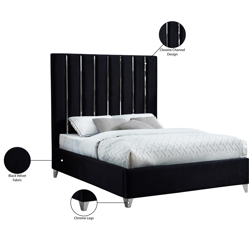 Pemberly Row Modern Solid Wood and Velvet Queen Bed in Black