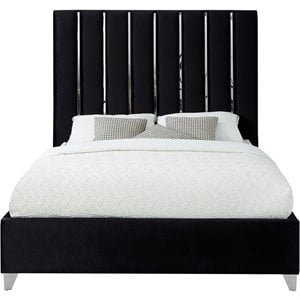 Pemberly Row Modern Solid Wood and Velvet Queen Bed in Black