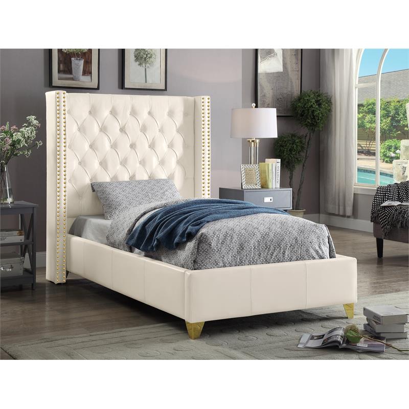 Pemberly Row Modern Solid Wood and Vegan Leather Twin Bed in White