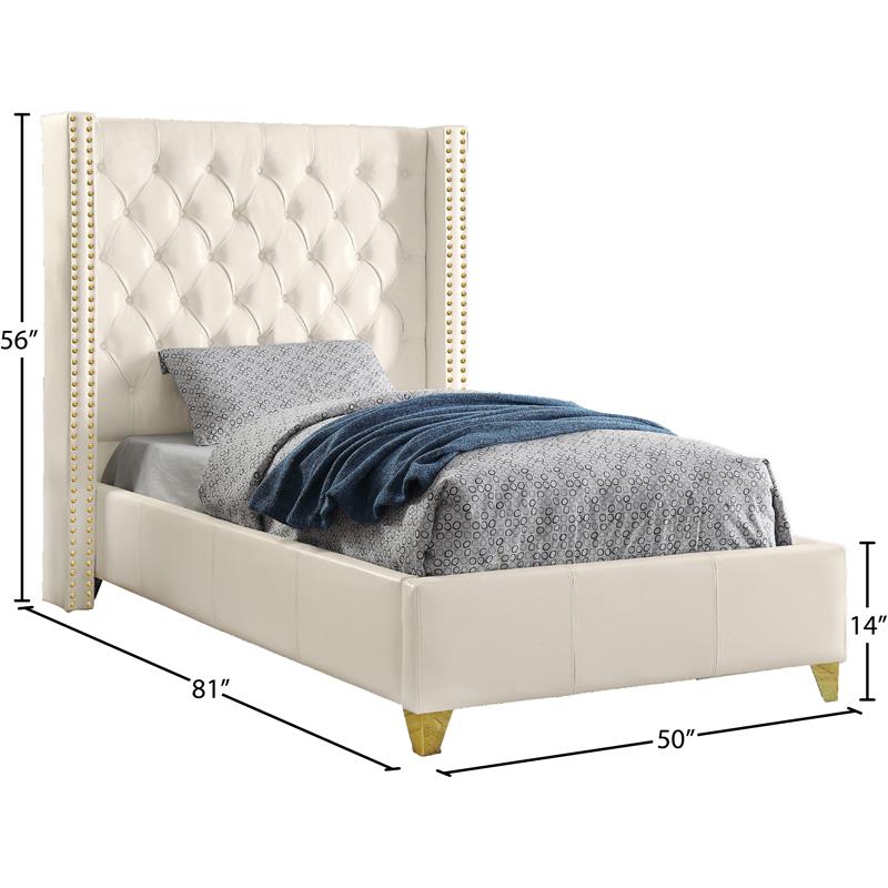 Pemberly Row Modern Solid Wood and Vegan Leather Twin Bed in White