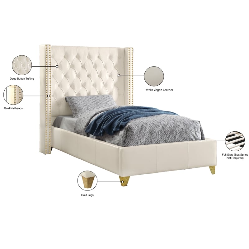 Pemberly Row Modern Solid Wood and Vegan Leather Twin Bed in White
