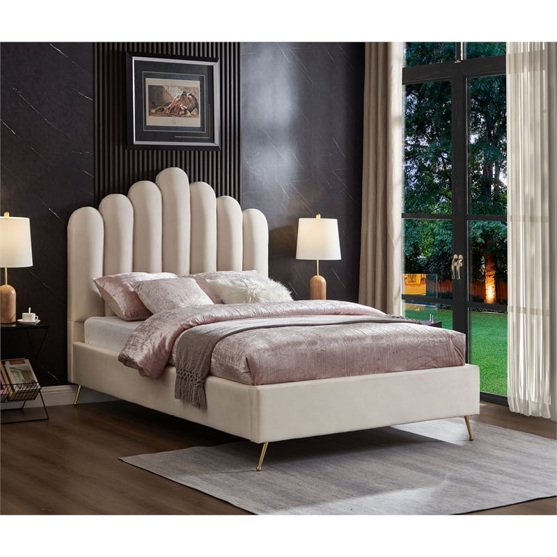 Pemberly Row Modern Solid Wood and Tufted Velvet Full Bed in Cream