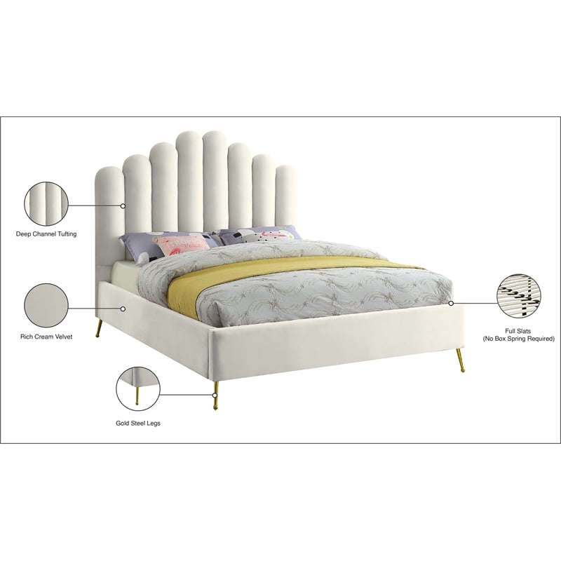 Pemberly Row Modern Solid Wood and Tufted Velvet Full Bed in Cream