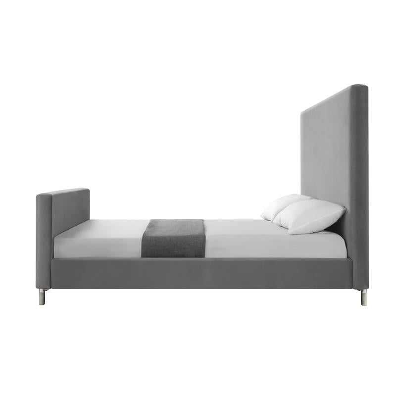 Pemberly Row Modern Velvet Upholstered Platform Queen Bed in Gray