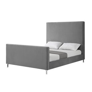 Pemberly Row Modern Velvet Upholstered Platform Queen Bed in Gray