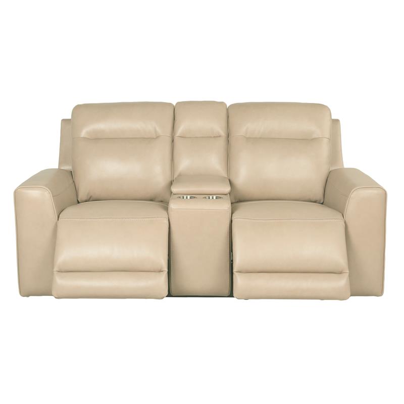 Pemberly Row Beige Sand Leather Power Reclining Console Loveseat