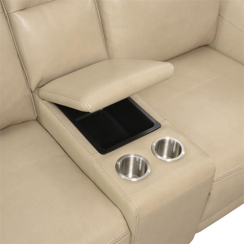 Pemberly Row Beige Sand Leather Power Reclining Console Loveseat