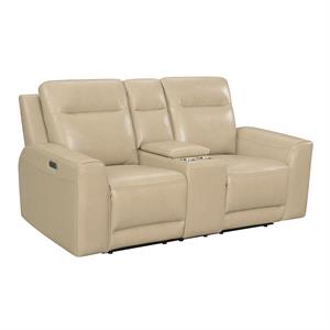 Pemberly Row Beige Sand Leather Power Reclining Console Loveseat