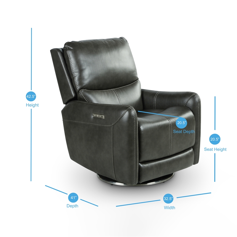 Pemberly Row Modern Swivel Charcoal Faux Leather Power Recliner