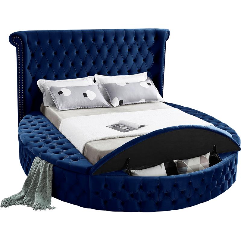 Pemberly Row Modern / Contemporary Navy Finish Velvet Queen Bed