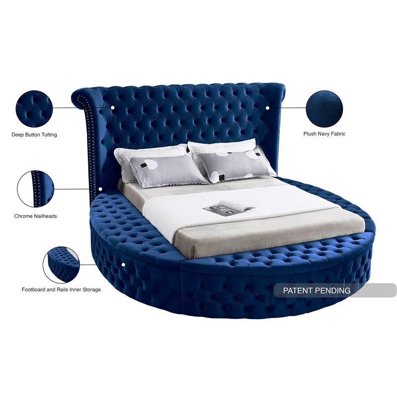 Pemberly Row Modern / Contemporary Navy Finish Velvet Queen Bed
