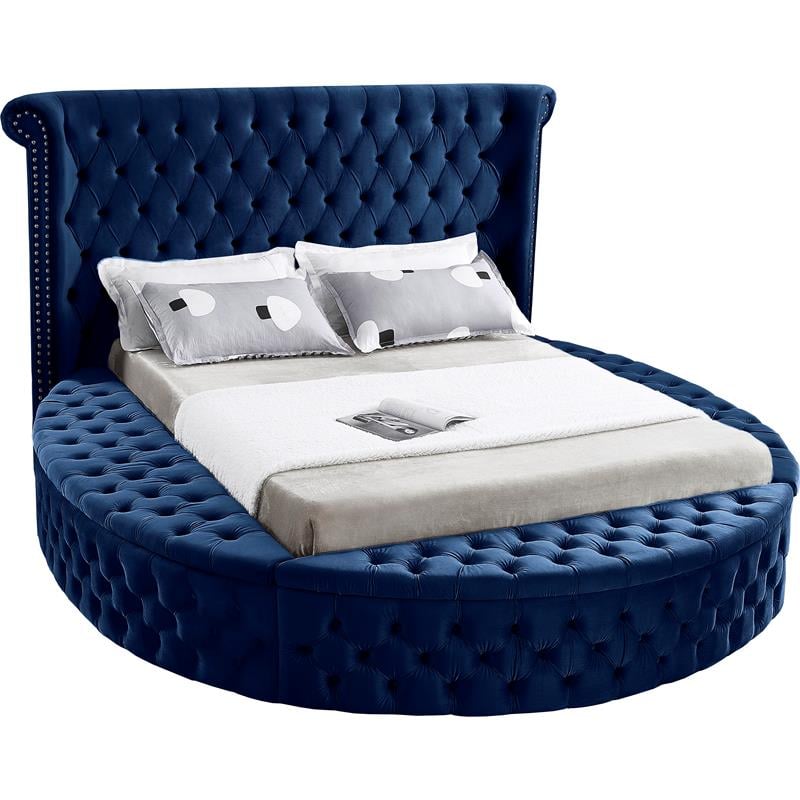 Pemberly Row Modern / Contemporary Navy Finish Velvet Queen Bed