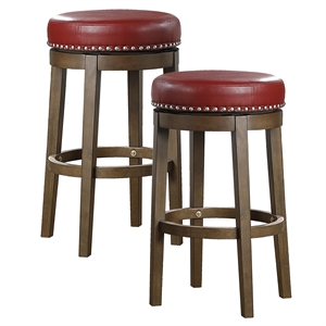 Pemberly Row 29&quot Faux Leather Round Swivel Bar Stool in Red (Set of 2)