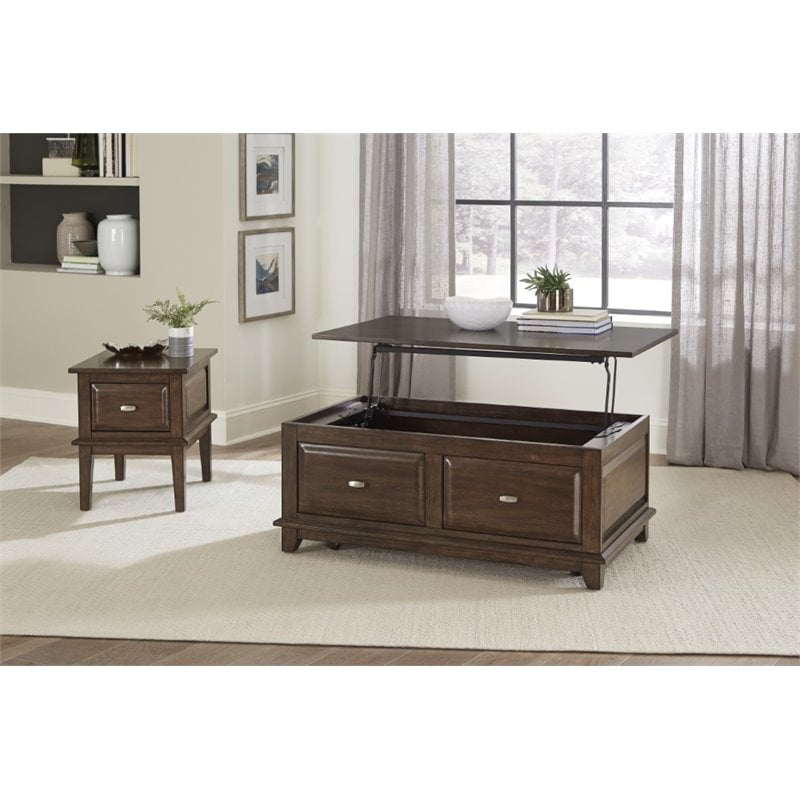 Pemberly Row Contemporary Wood Lift Top Coffee Table in Cherry
