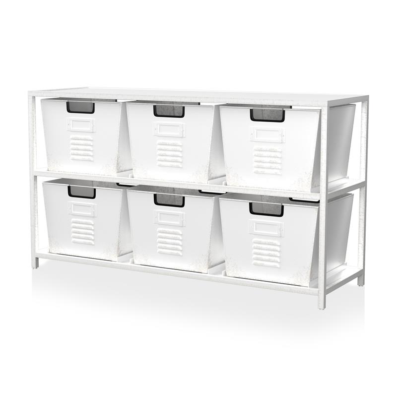 Pemberly Row Modern Metal Storage Shelf with 6 Bins in White