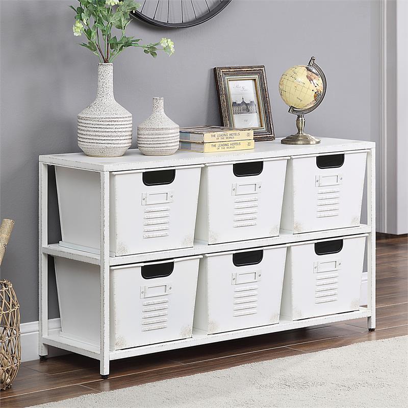 Pemberly Row Modern Metal Storage Shelf with 6 Bins in White