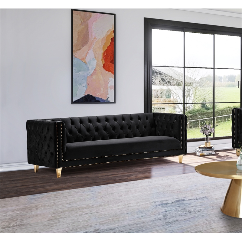 Pemberly Row Modern / Contemporary Deep Biscuit Tufting Black Finish Velvet Sofa