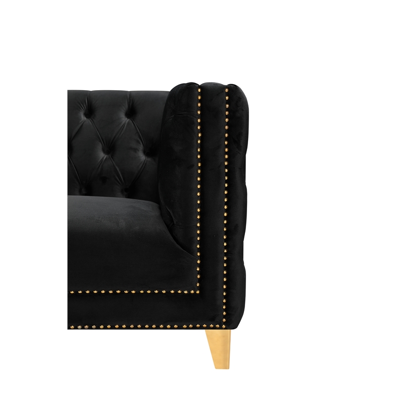 Pemberly Row Modern / Contemporary Deep Biscuit Tufting Black Finish Velvet Sofa