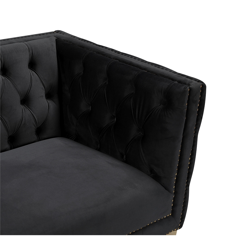 Pemberly Row Modern / Contemporary Deep Biscuit Tufting Black Finish Velvet Sofa