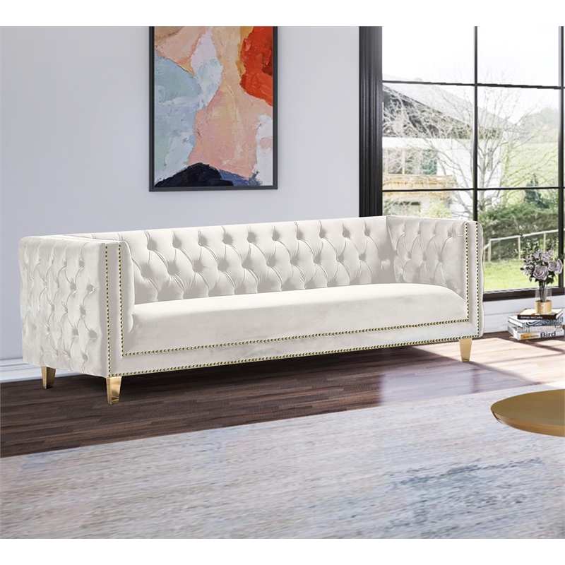 Pemberly Row Modern / Contemporary Deep Biscuit Tufting Cream Finish Velvet Sofa