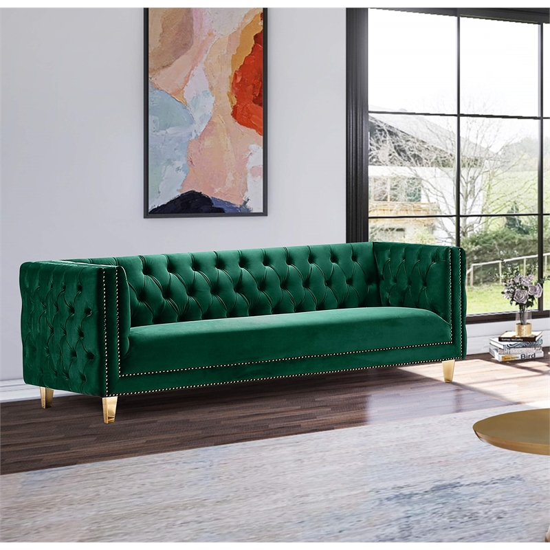 Pemberly Row Modern / Contemporary Deep Biscuit Tufting Green Finish Velvet Sofa