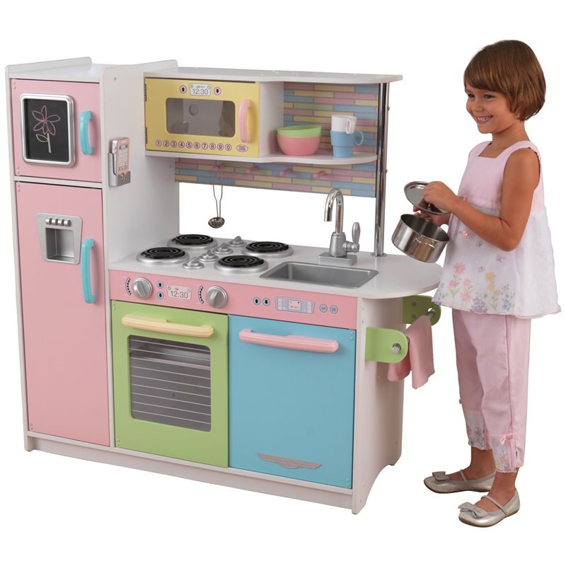 Pemberly Row Modern Uptown Wooden Plastic Play Kitchen in Pastel