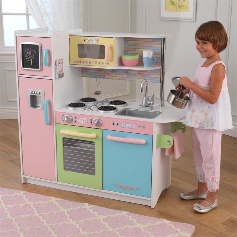 Pemberly Row Modern Uptown Wooden Plastic Play Kitchen in Pastel
