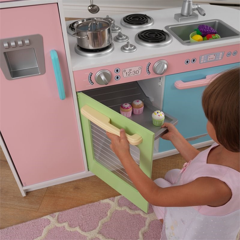 Pemberly Row Modern Uptown Wooden Plastic Play Kitchen in Pastel