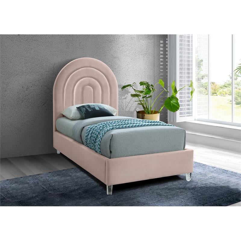 Pemberly Row Contemporary Pink Velvet Twin Bed in Acrylic Finish