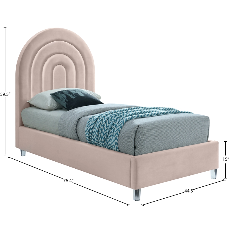 Pemberly Row Contemporary Pink Velvet Twin Bed in Acrylic Finish