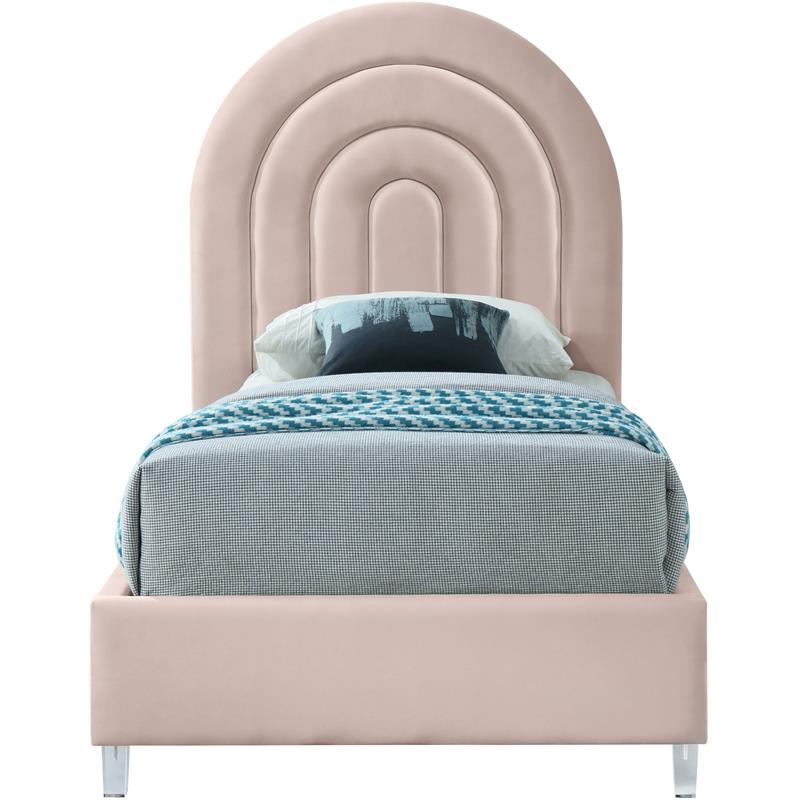Pemberly Row Contemporary Pink Velvet Twin Bed in Acrylic Finish