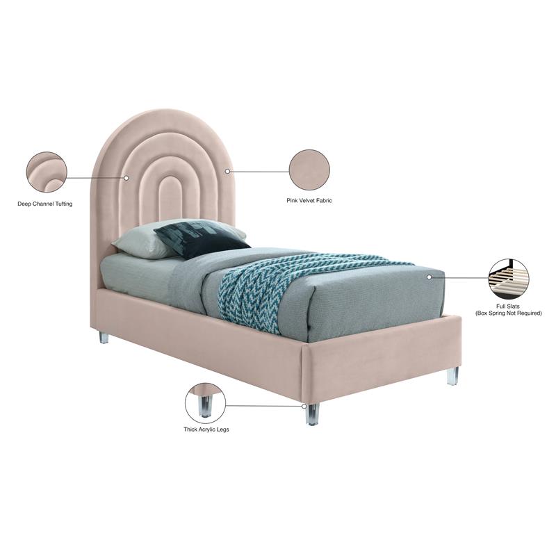 Pemberly Row Contemporary Pink Velvet Twin Bed in Acrylic Finish