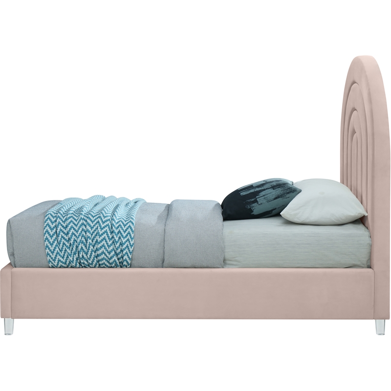 Pemberly Row Contemporary Pink Velvet Twin Bed in Acrylic Finish