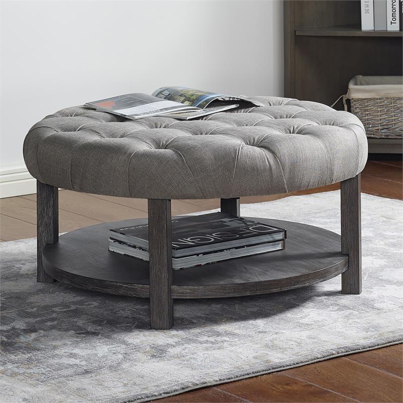 Pemberly Row Transitional Wood 1-Shelf Ottoman in Light Gray