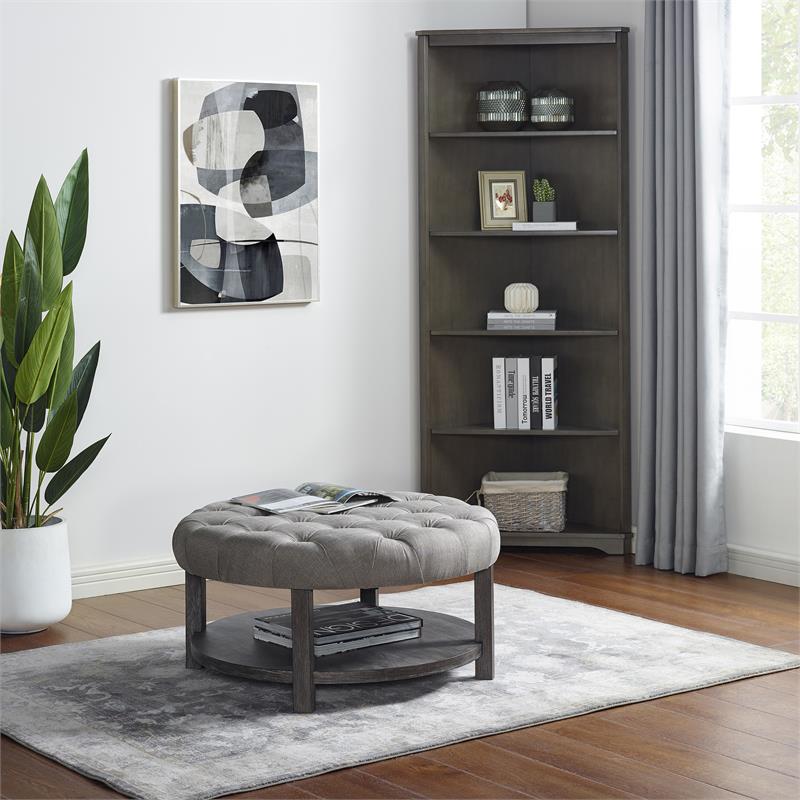 Pemberly Row Transitional Wood 1-Shelf Ottoman in Light Gray