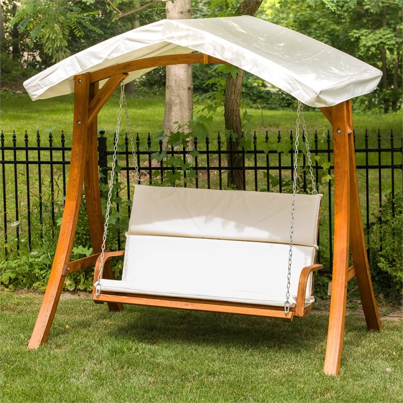 Pemberly Row Wood Outdoor Swing Seater with Canopy in Medium Brown