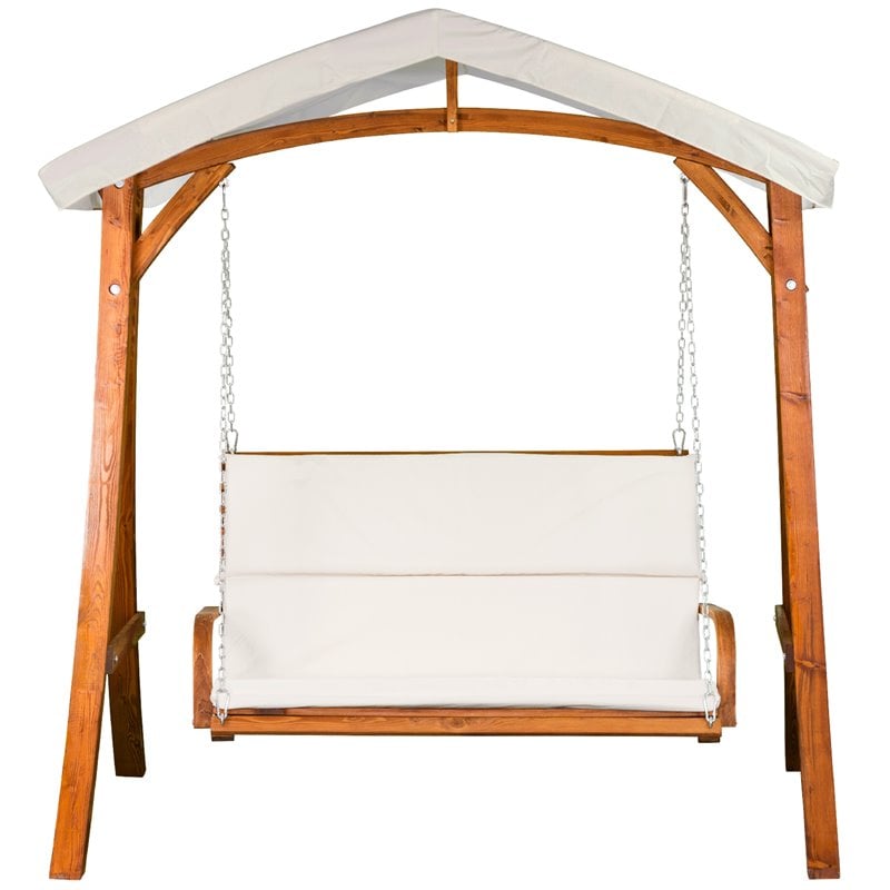 Pemberly Row Wood Outdoor Swing Seater with Canopy in Medium Brown
