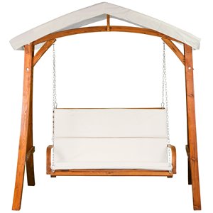 Pemberly Row Wood Outdoor Swing Seater with Canopy in Medium Brown