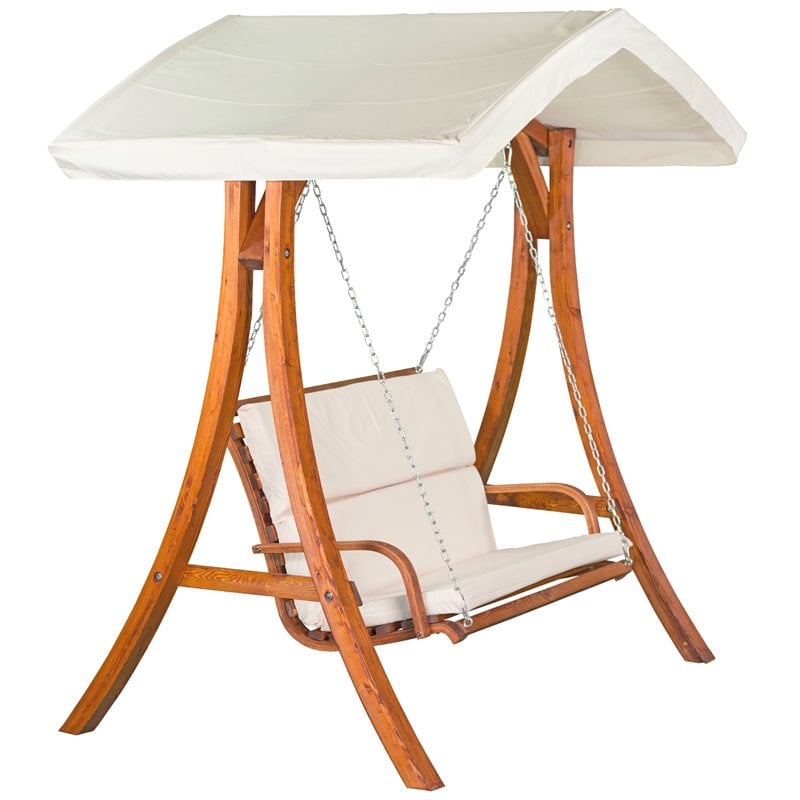 Pemberly Row Wood Outdoor Swing Seater with Canopy in Medium Brown