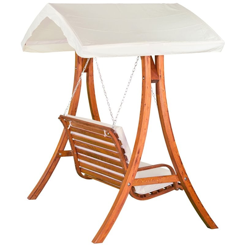 Pemberly Row Wood Outdoor Swing Seater with Canopy in Medium Brown