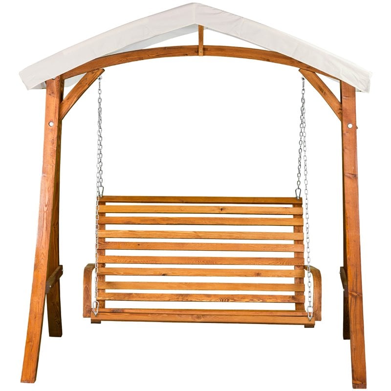 Pemberly Row Wood Outdoor Swing Seater with Canopy in Medium Brown