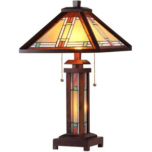 Pemberly Row Tiffany 3 Light Mission Double Lit Wooden Table Lamp 15&quot Shade