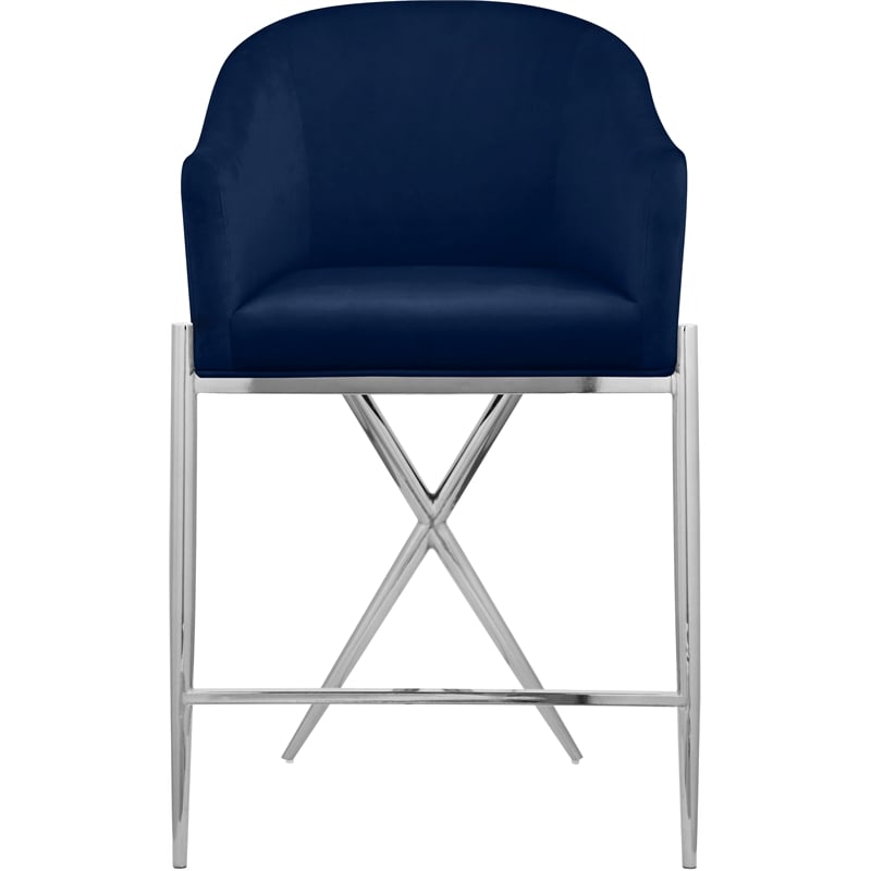 Pemberly Row Navy Velvet Counter Stool with Chrome Metal Legs