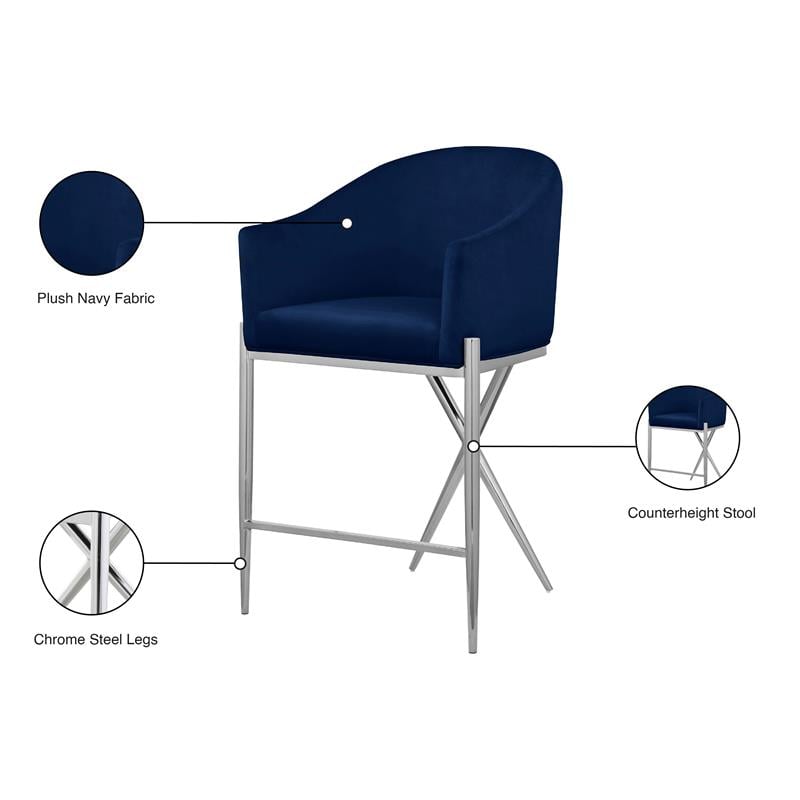 Pemberly Row Navy Velvet Counter Stool with Chrome Metal Legs