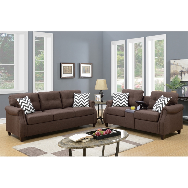 Pemberly Row 2 Piece Fabric Sofa Set with USB Console in Dark Coffee