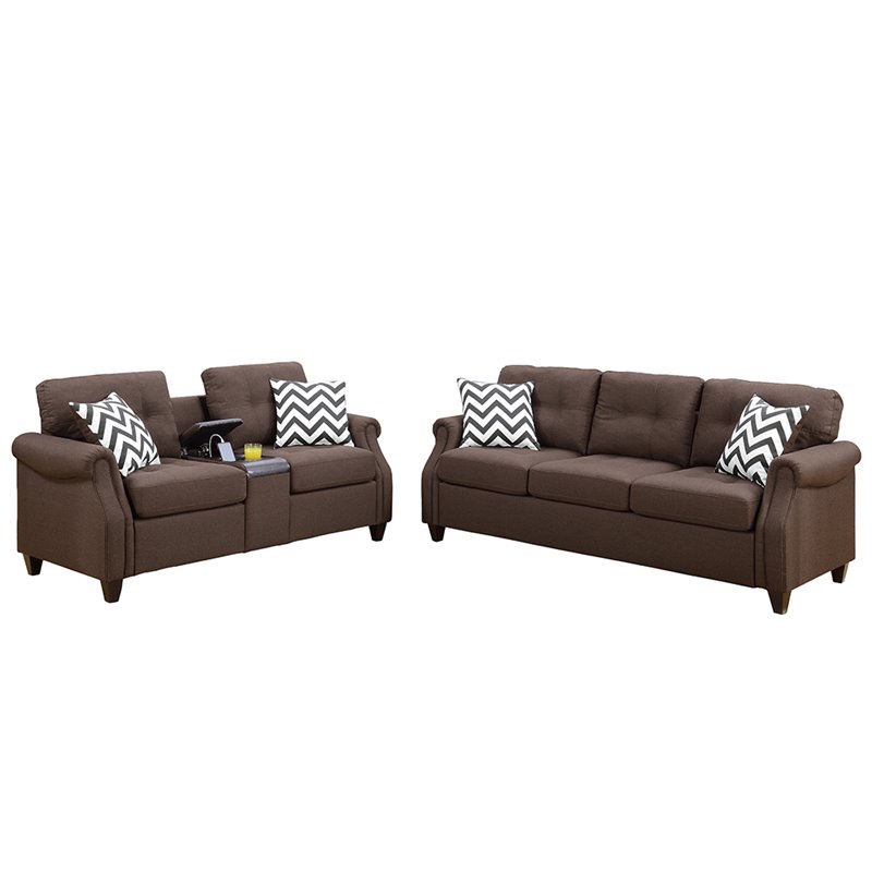 Pemberly Row 2 Piece Fabric Sofa Set with USB Console in Dark Coffee