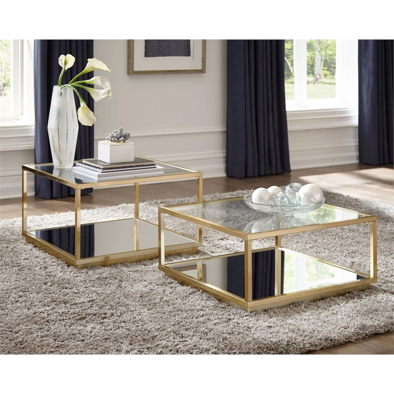 Pemberly Row 2-Piece Square Glass Top Occasional Set in Gold